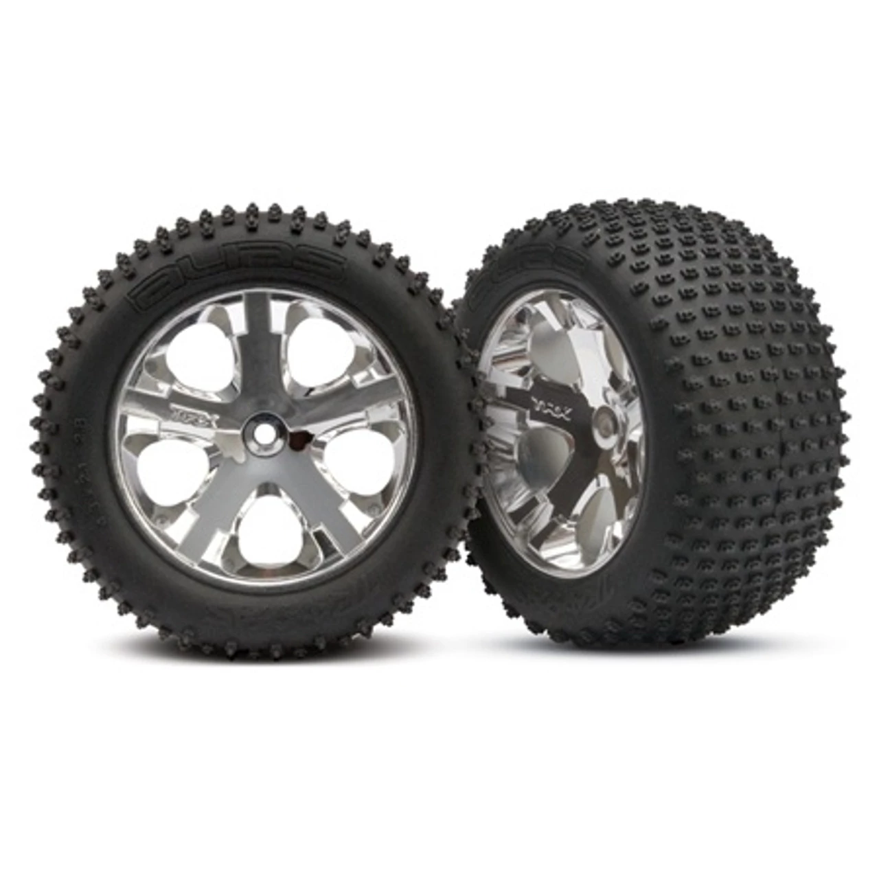 Traxxas Rear Alias Tires w/Chrome Wheels (2): Rustler 3 Traxxas Rear Alias Tires w/Chrome Wheels (2): Rustler