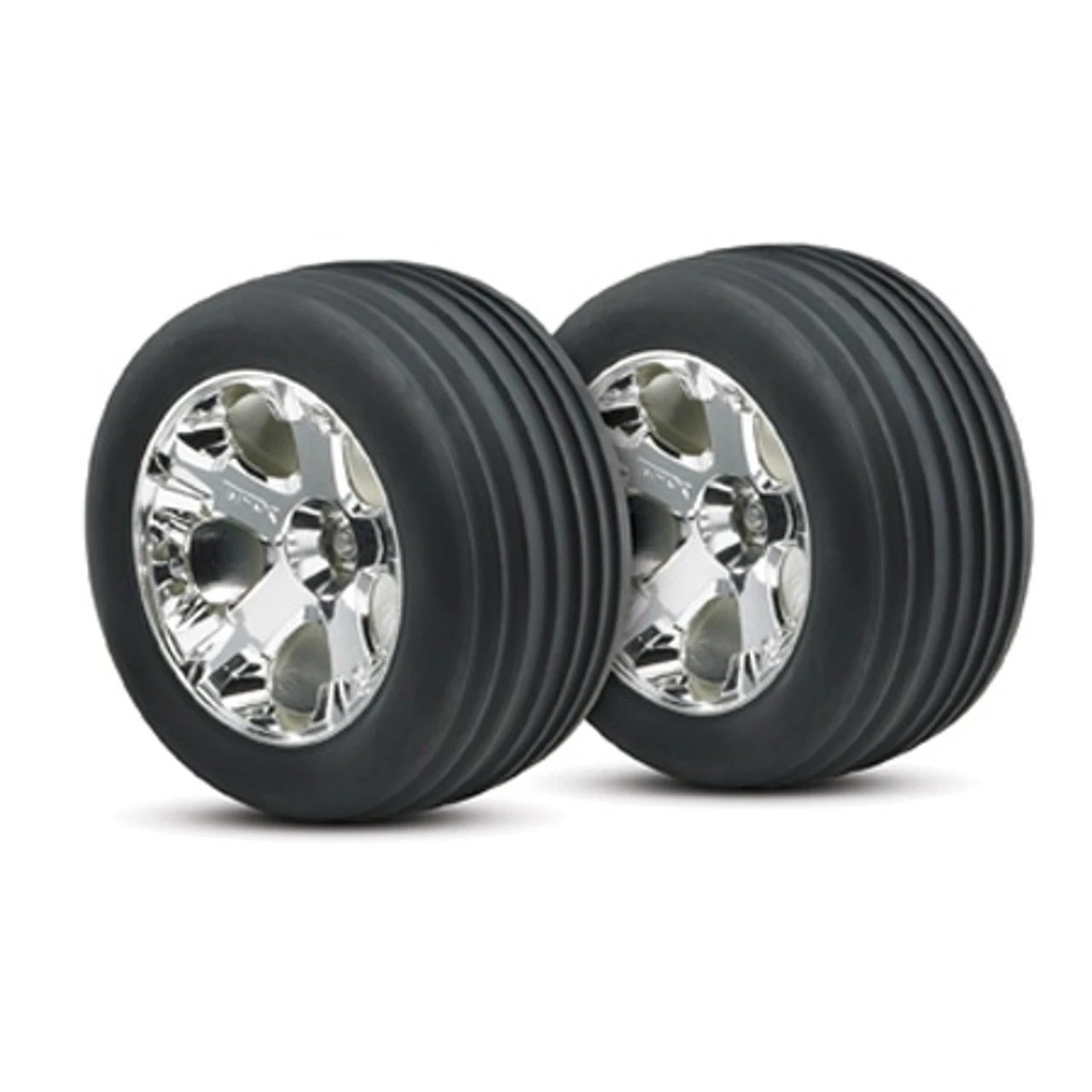 Traxxas Front Alias Tires w/Chrome Wheels (2): Rustler 3 Traxxas Front Alias Tires w/Chrome Wheels (2): Rustler