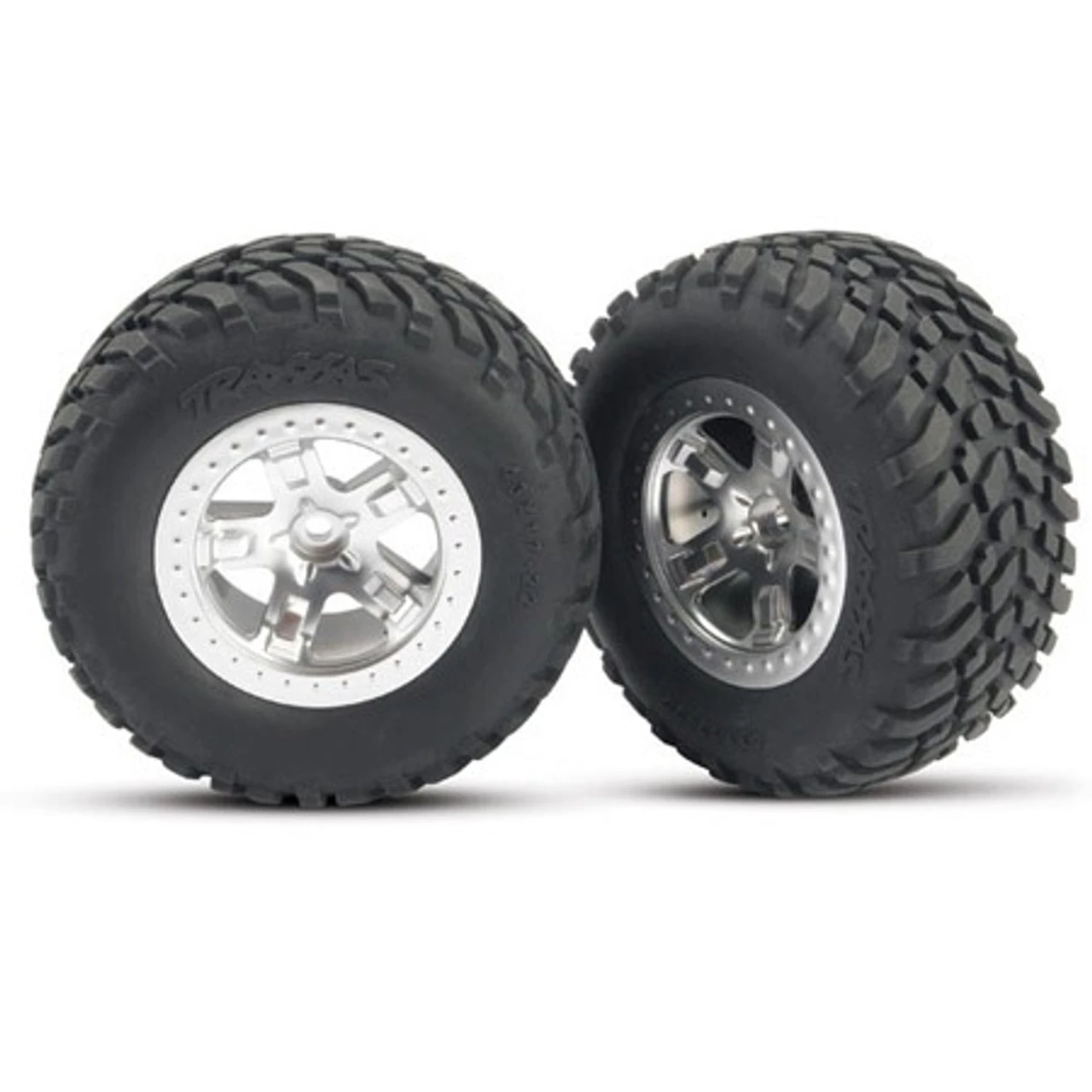 Traxxas Rear Tires & Satin Chrome Wheels (2) Slash 3 Traxxas Rear Tires & Satin Chrome Wheels (2) Slash