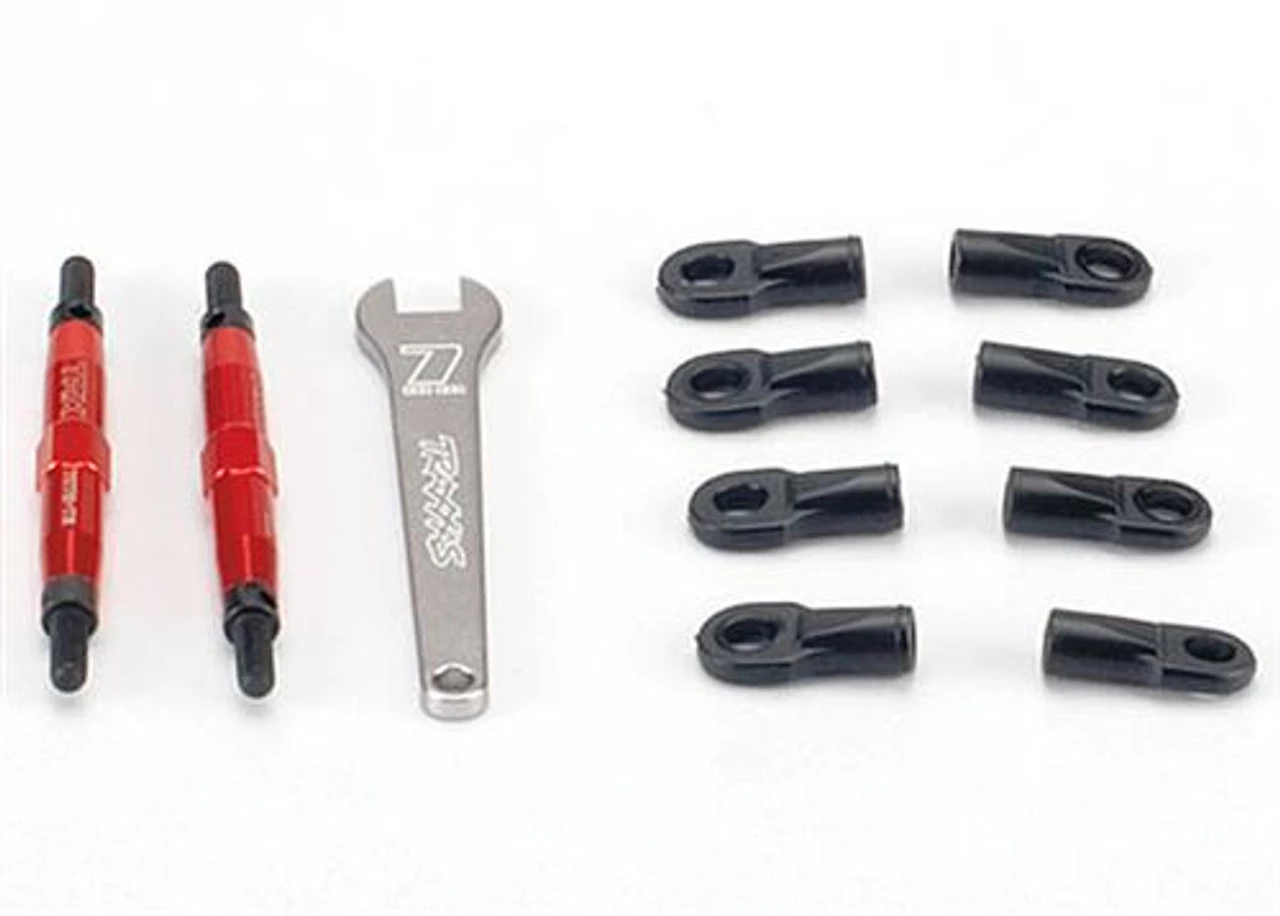 Traxxas Toe links, Slayer (Tubes 7075-T6 aluminum, red) (74mm, fits front or rear) (2)/ rod ends, rear (4)/ rod ends, front (4)/ wrench (1) 3 Traxxas Toe links, Slayer (Tubes 7075-T6 aluminum, red) (74mm, fits front or rear) (2)/ rod ends, rear (4)/ rod ends, front (4)/ wrench (1)