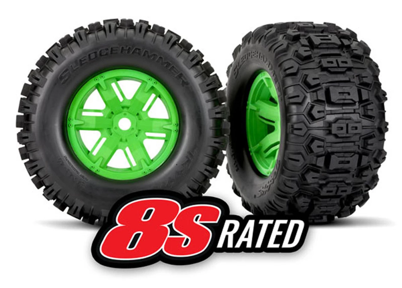 Traxxas X-Maxx Sledgehammer Tires Pre-Mounted on Green Wheels 3 Traxxas X-Maxx Sledgehammer Tires Pre-Mounted on Green Wheels